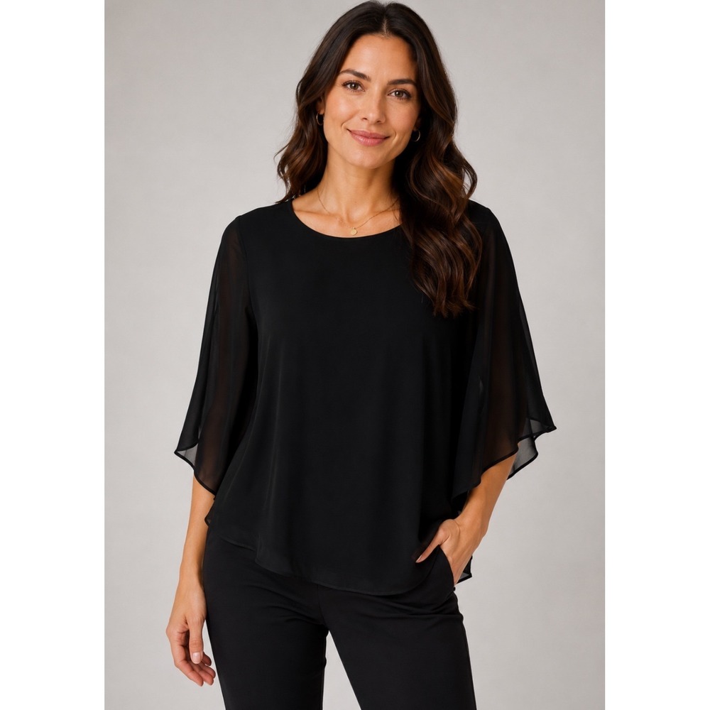 Vintage Grace Karin Women Top Large Chiffon Cape Sleeve Black Sheer Layer Blouse